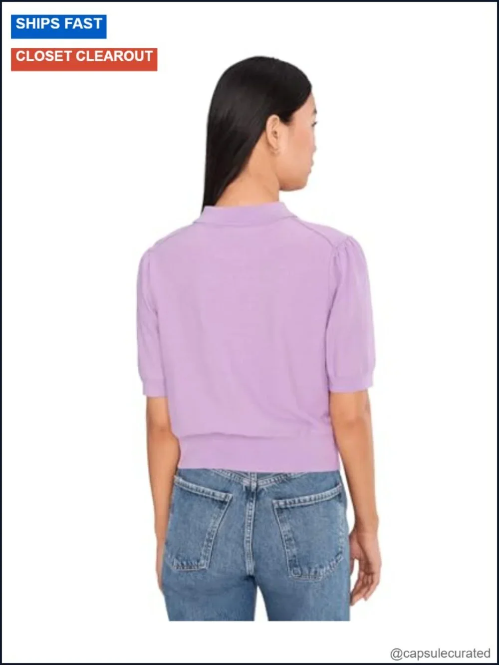 Cotton Cashmere Button-Up Collared Blouse with Puffed Short Sleeves